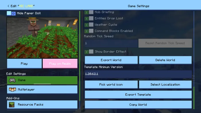 Возможность экспорта мира и шаблона