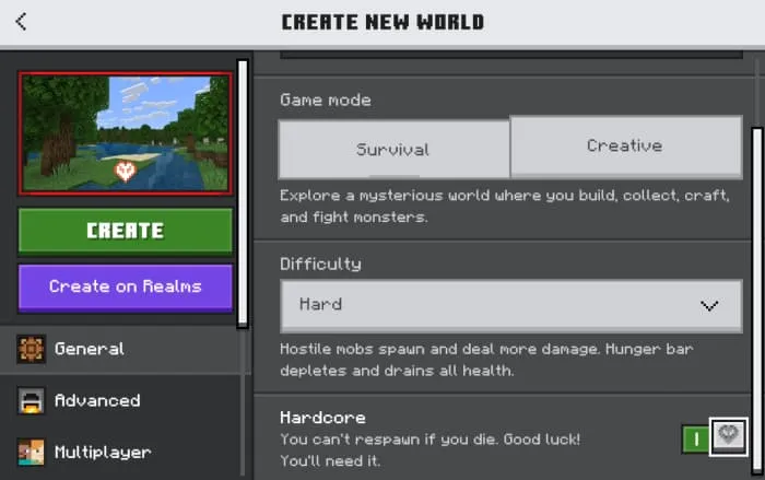 The option to enable hardcore