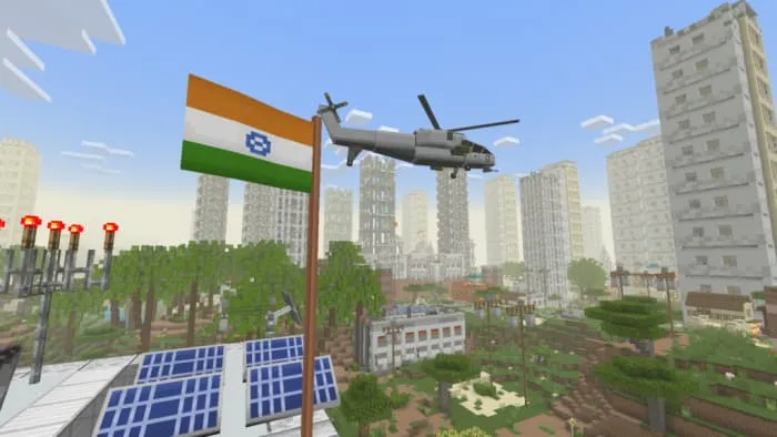 Вертолет летит возле зданий