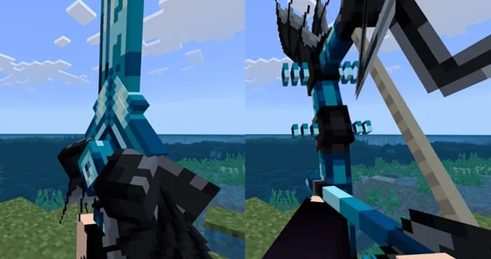 Вид меча и лука от первого лица