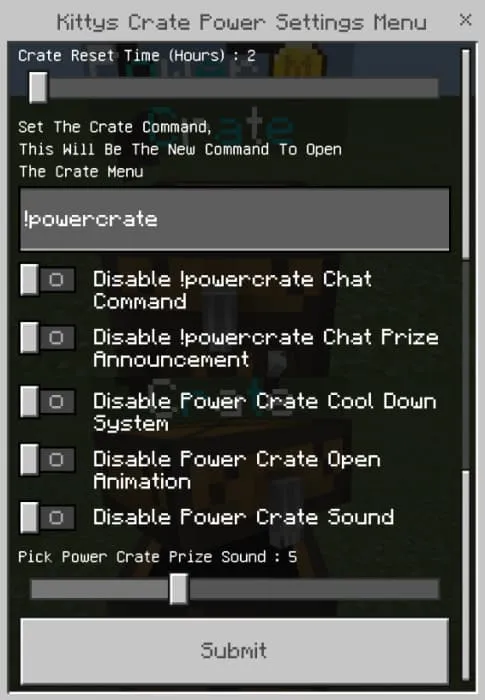 Меню настроек сундука