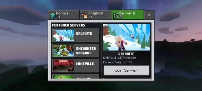 Раздел серверов в игре