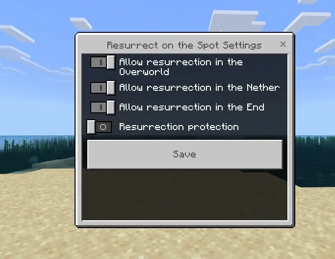 Меню с настройками возрождения