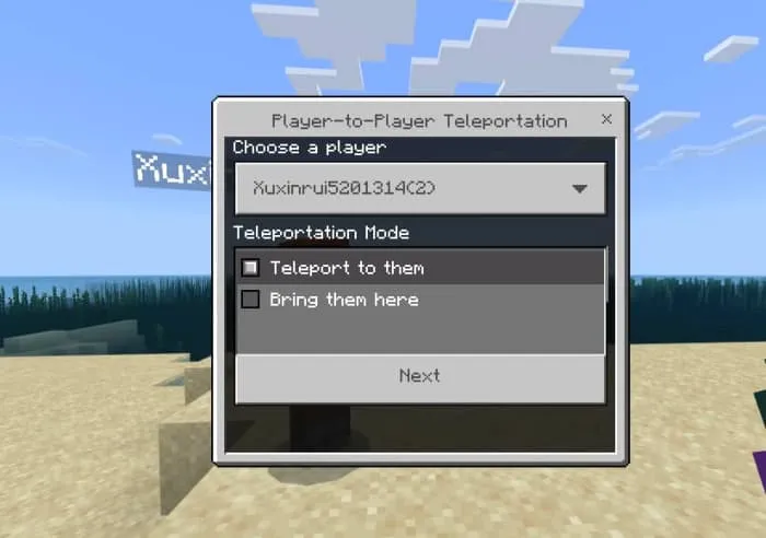 Меню телепортации от игрока к игроку