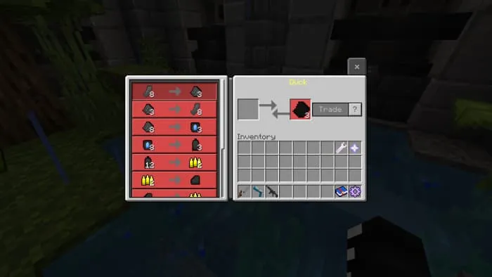 Меню торговли, открывающееся при взаимодействии с уткой