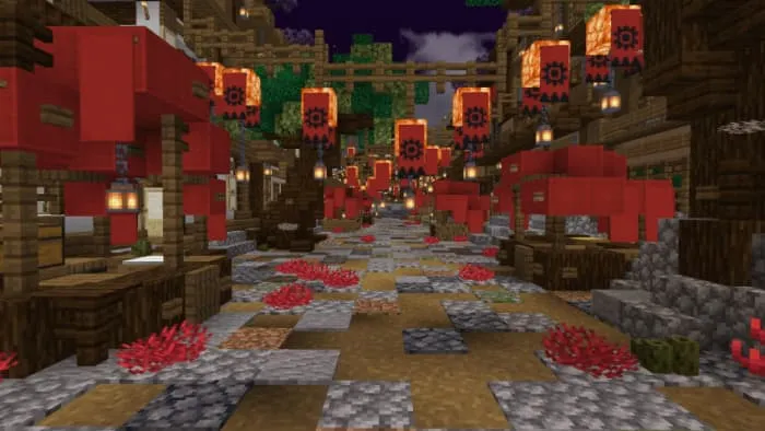 Красная улица с другого ракурса, демонстрирующая детали крыш и фонарей