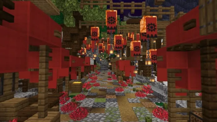 Улица с красными зданиями и японским колоритом в Minecraft