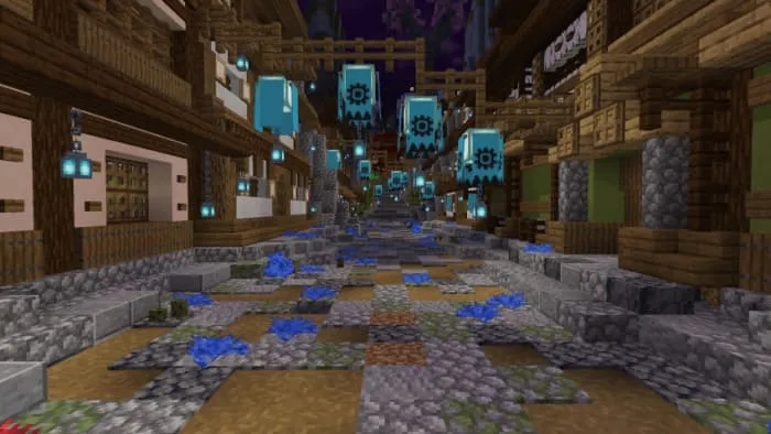 Улица с голубыми домами в японском стиле, окружённая цветущими деревьями