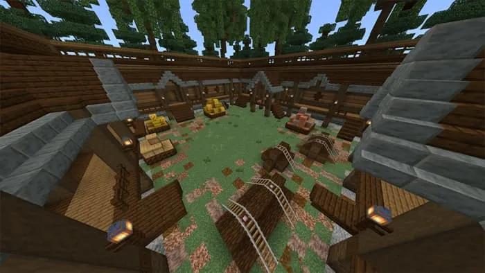 Игровая арена, выполненная в стиле лесного поселения