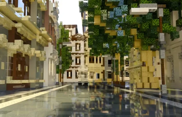 Улица с зелёными насаждениями и зданиями по бокам