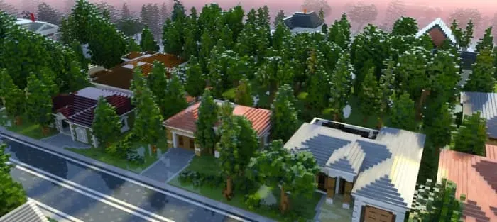 Небольшой жилой квартал с однотипными домами и аллеями