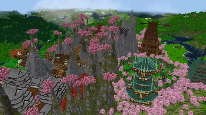 Общий вид на старый японский городок в биоме сакуры с традиционной архитектурой