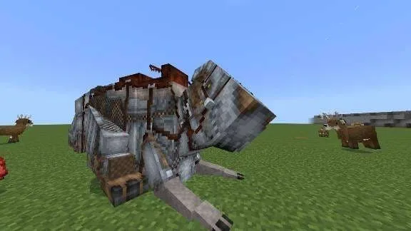 Динозавр сидит на земле в броне и сидле