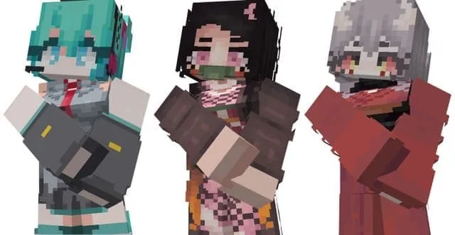 Хацунэ, Незуко и Мукаго — персонажи в стиле Minecraft
