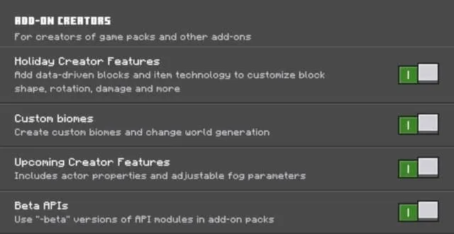 Активация экспериментальных функций в настройках мира