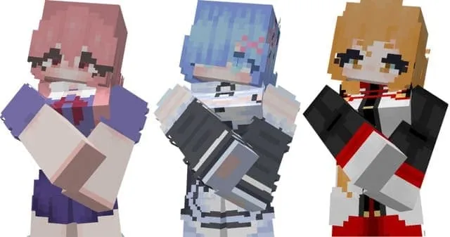 Юно, Рем и Асуна в окружении блоков Minecraft