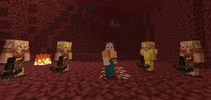 Игрок свободно гуляет среди пиглинов в Незере