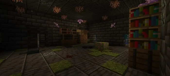 Dimly lit shelf room