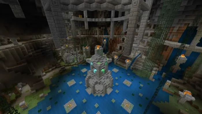 Подземелье с прудом и огнями вокруг