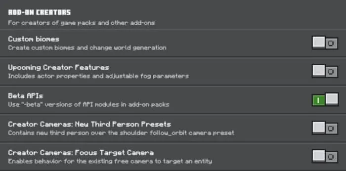 Включение экспериментальных настроек для работы мода в Minecraft