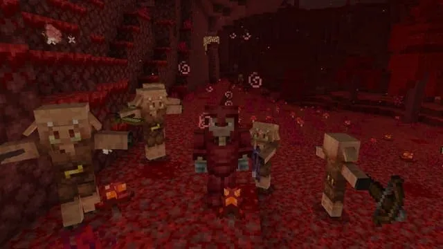 Пиглины мирно стоят рядом с игроком в броне Deathnerite