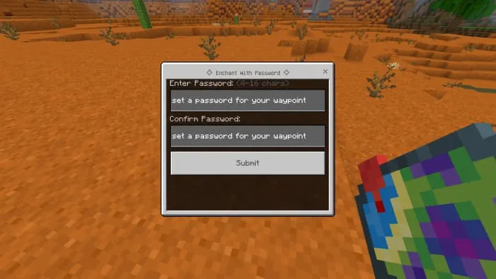 Меню пароля для точки перемещения