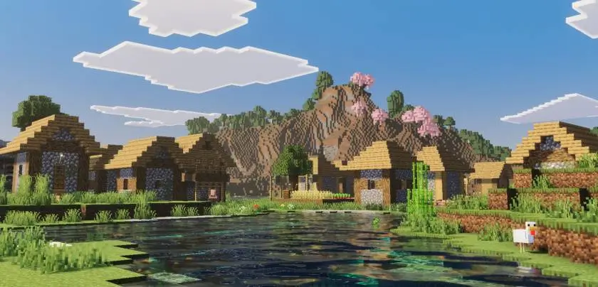 Деревня возле озера в солнечный день