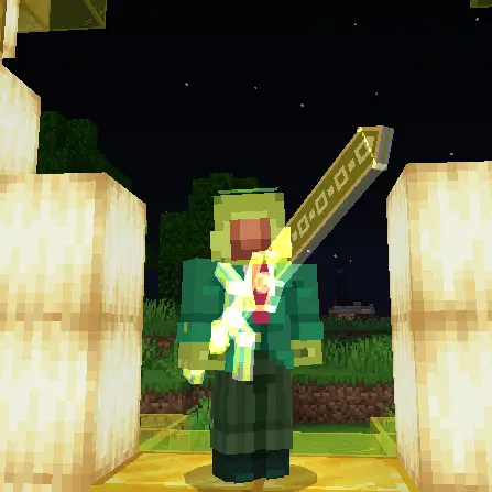 Игрок и светящийся клинок среди ярких блоков