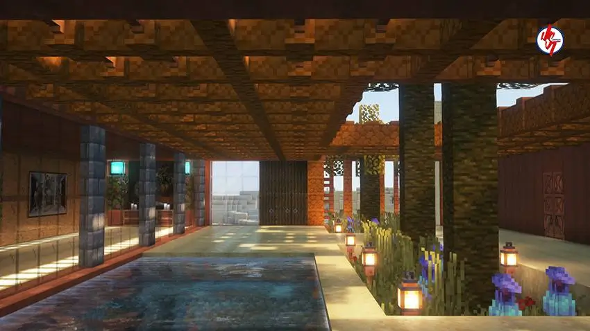 Уютный внутренний дровик с растениями и песчаной дорожкой