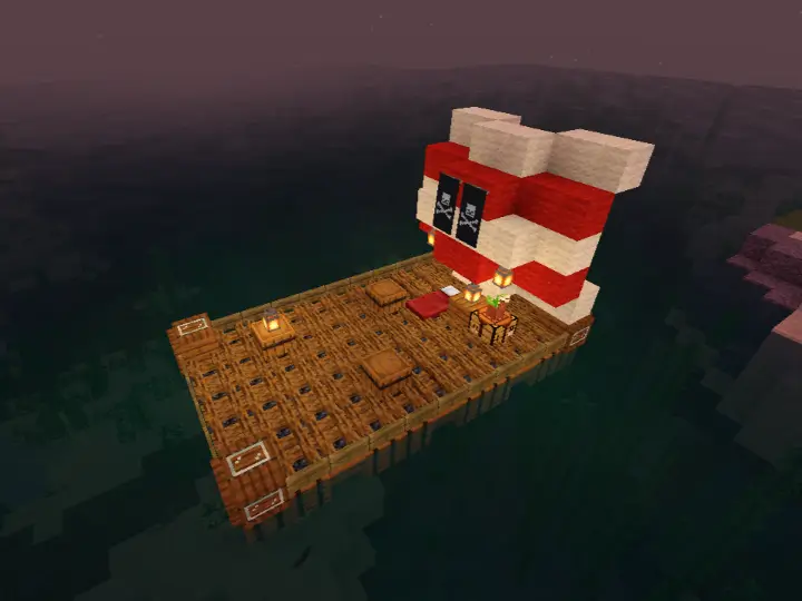 Плот с пиратскими флагами и бочками