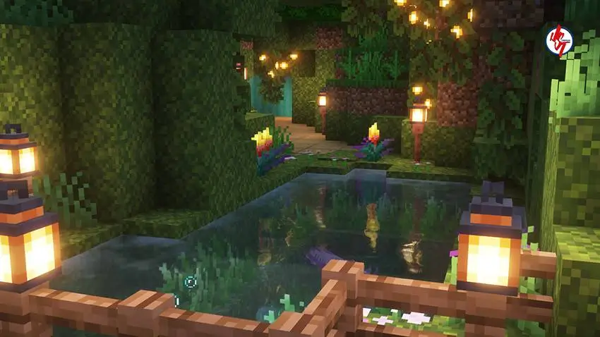 Небольшой пруд с несколькими фонариками рядом