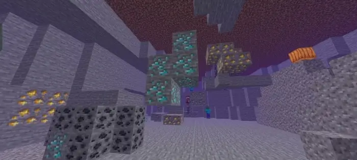 Игрок и зомби в пещере с множеством полезной руды