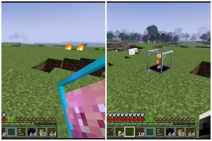 Пиглин внутри стеклянной клетки в руке игрока