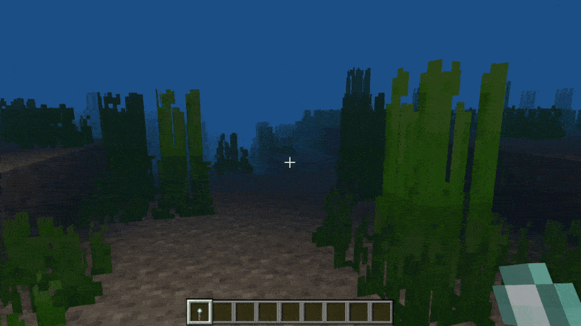 Игрок идет под водой со светящимся факелом