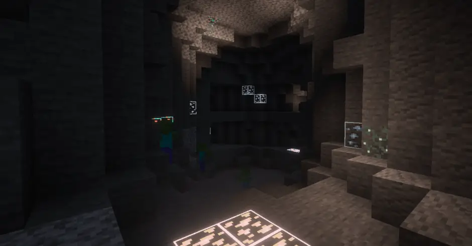 Светящиеся руды в темной пещере с зомби