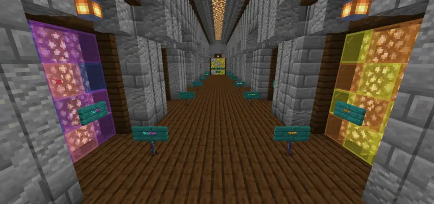 Длинный коридор с множеством проходов и табличек