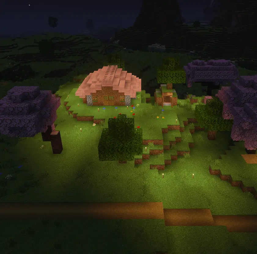 Маленький дом из земли в вишневом биоме