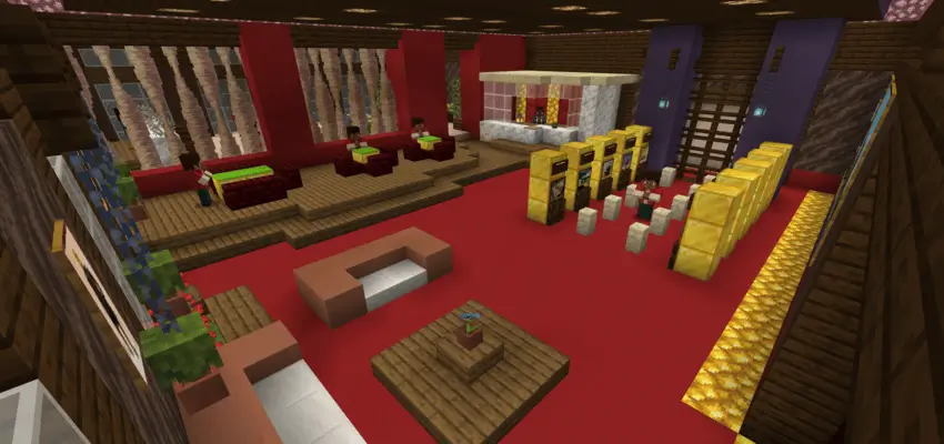 Холл с красными полом и зоной для отдыха