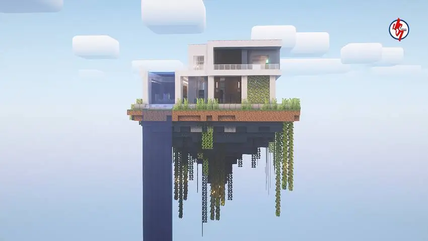 Белый дом на парящем острове с водопадом