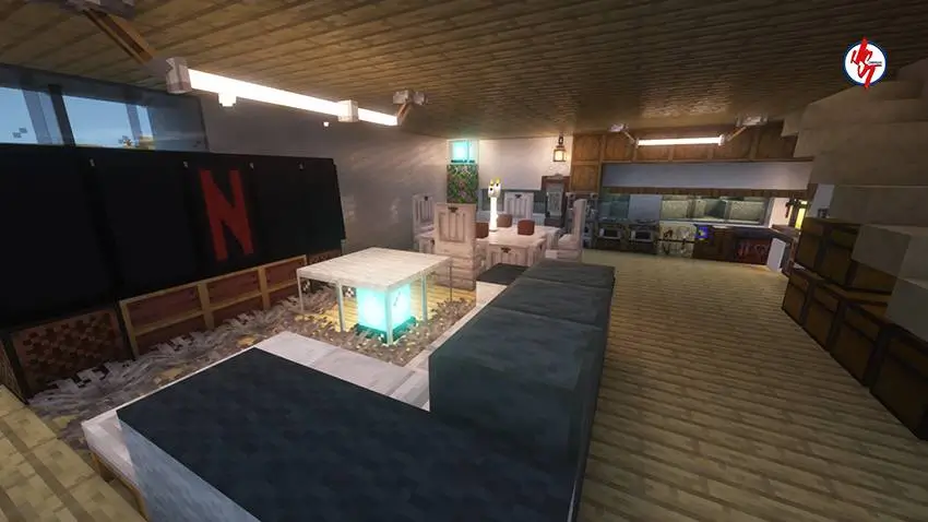 Просторная гостинная с разными вспомогательными блоками