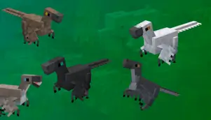 Пять видов необычных мобов с перьями на зеленом фоне