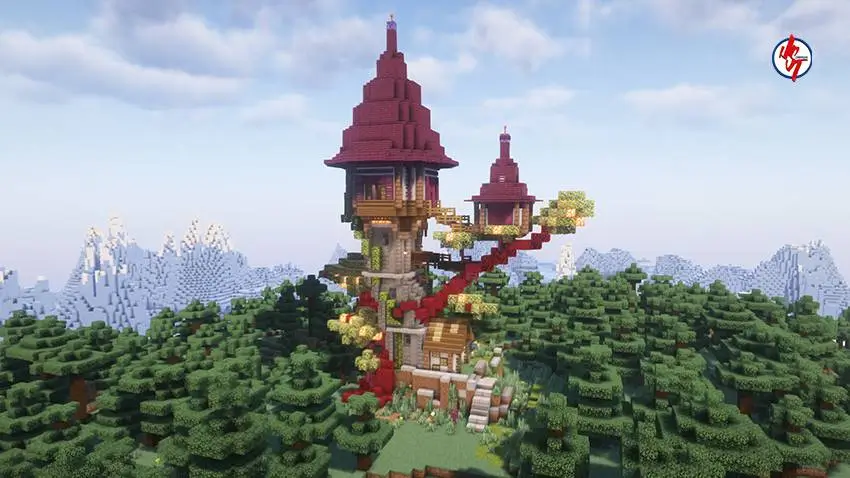 Высокая башня в тайге с красной крышей