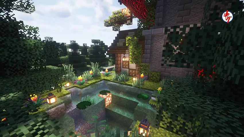 Дворик с прудом рядом с башней