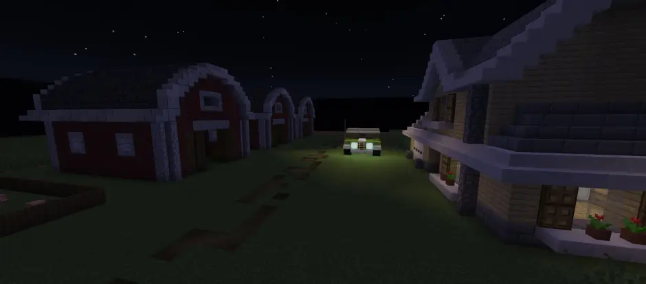 Машина среди ангаров