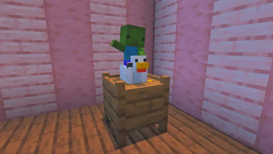 Маленький зомби на курице на деревянной подставке