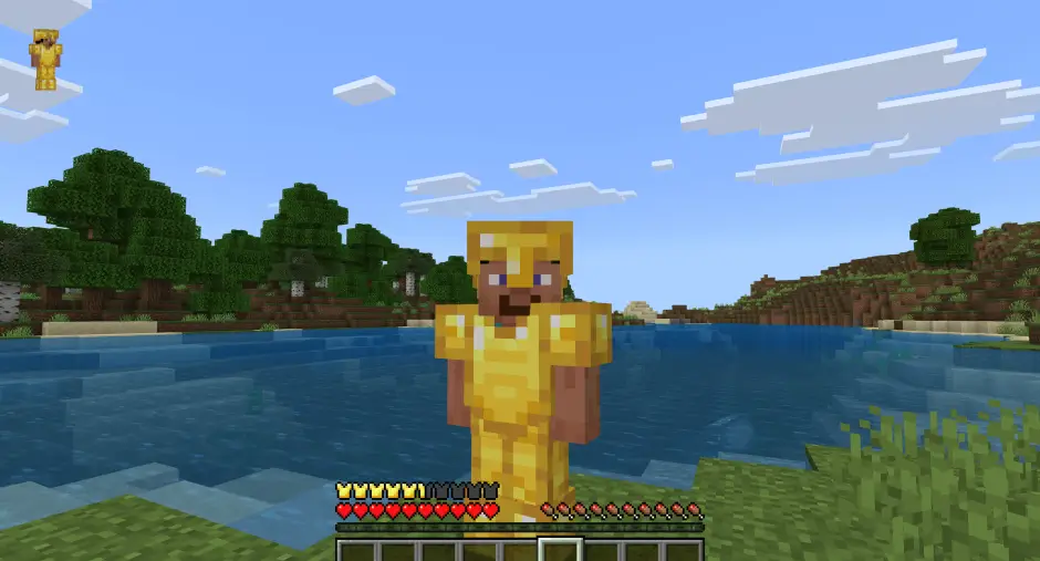 Игрок в золотой броне и с новой текстурой защиты