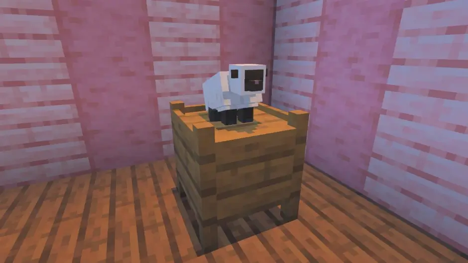 Белая овца сидит в комнате из вишневого дерева