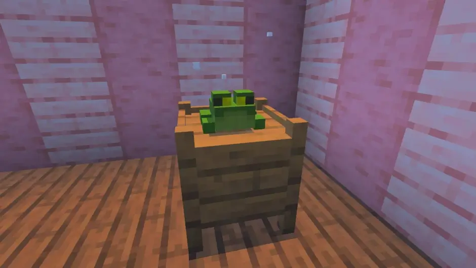 Зеленая лягушка с желтыми глазами в розовой комнате