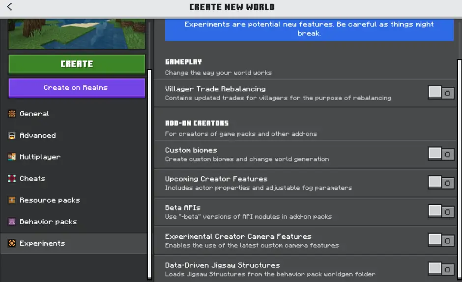 Experiment options in world edit