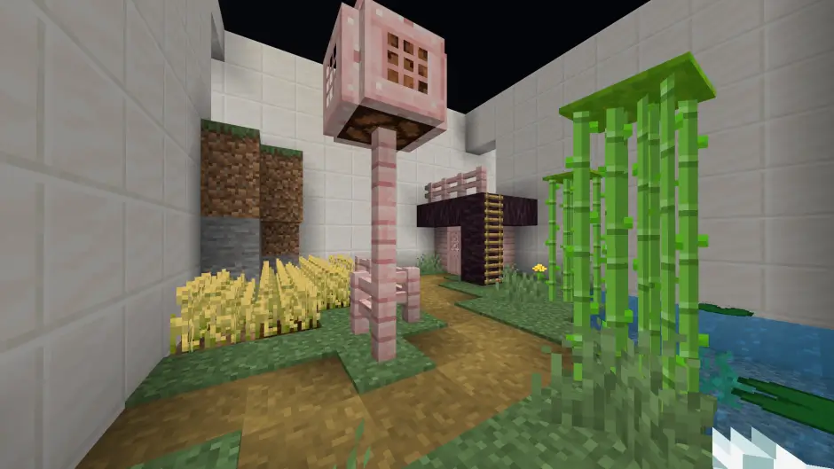 Паркур в комнате с грядками и прудом